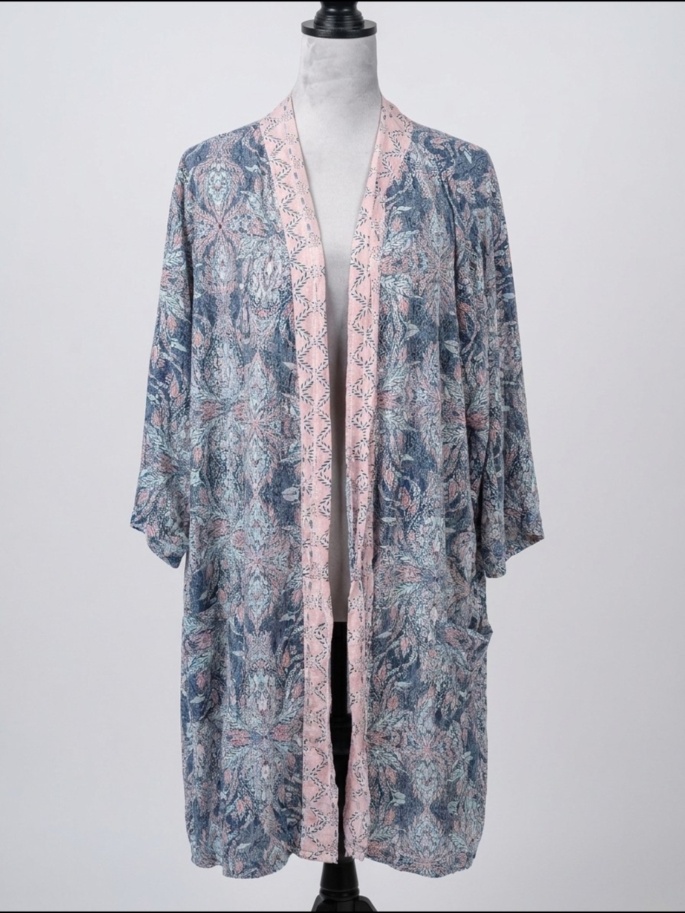 Blue and Pink Printed Kimono Robe with Contrast Trim